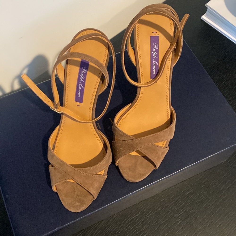 NWT Ralph Lauren Collection/Purple Label Taupe Suede Strappy Heels, Size 6, NEW!